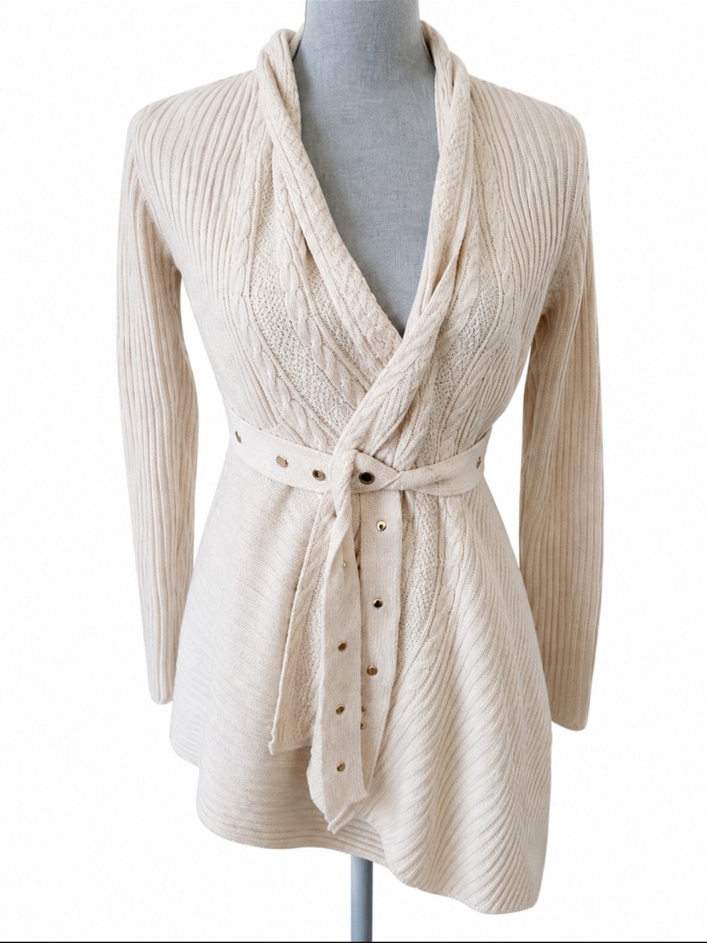 Joseph A Cream Cable Knit Belted Wrap Cardigan Shawl Collar Small